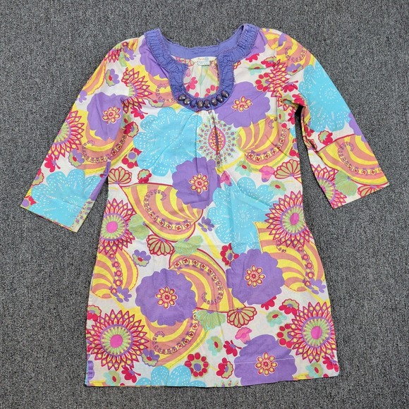 Boden Retro Boho Floral Beaded Shift Dress 8 Multicolor Cotton Psychedelic Mod — photo 2